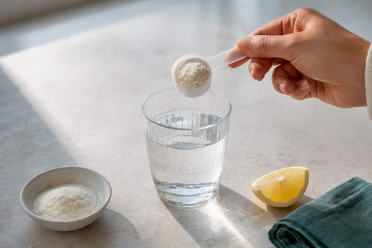 Main en train de mesurer une dose de peptides de collagène
