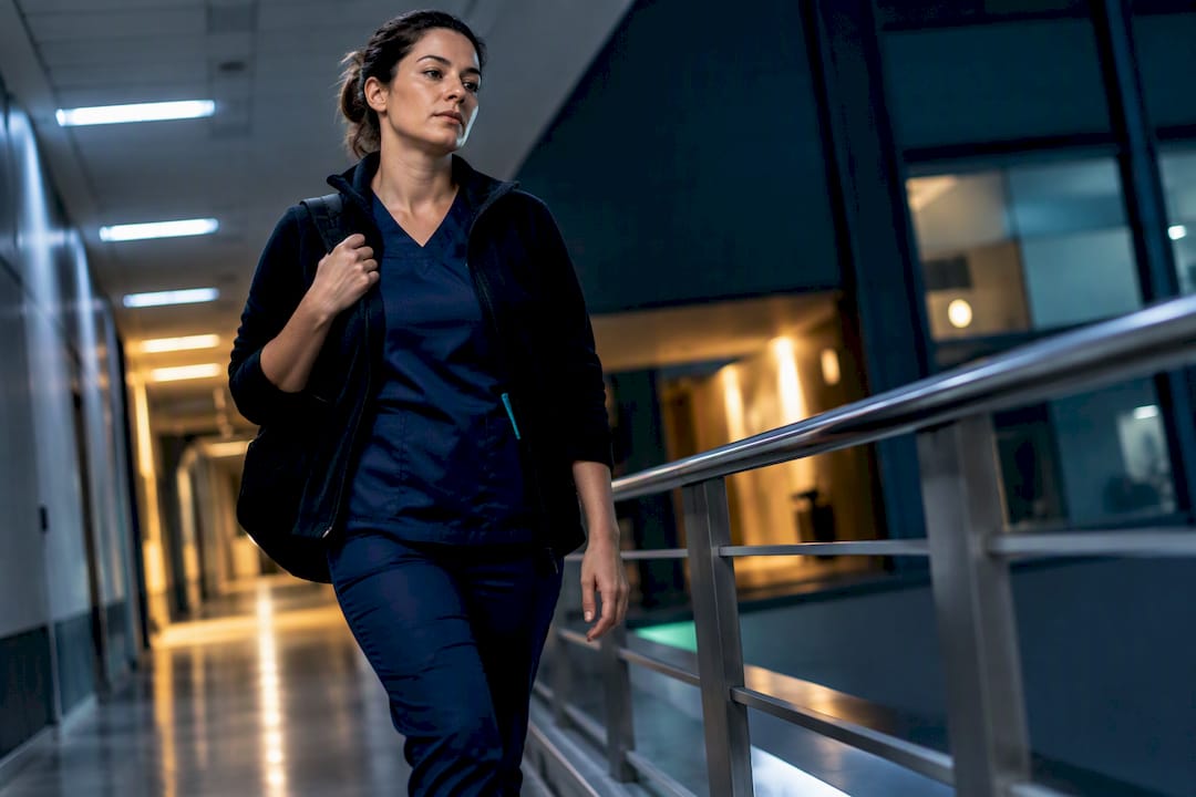 Femme marchant dans un couloir la nuit
