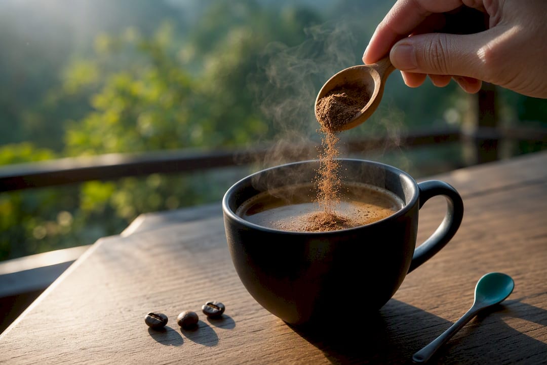 Tasse de café contenant de la poudre d'adaptogènes