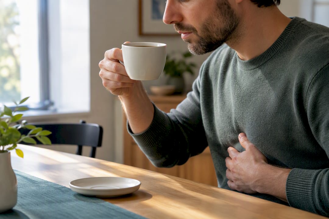 Adulte buvant du café en ressentant une gêne digestive