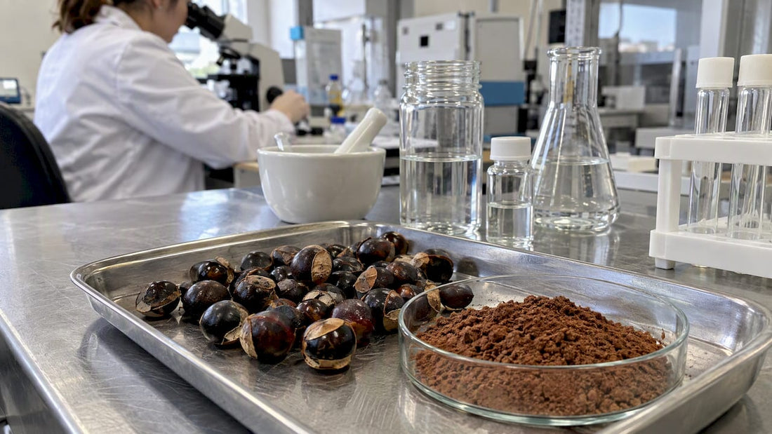 Graines de guarana et poudre en laboratoire