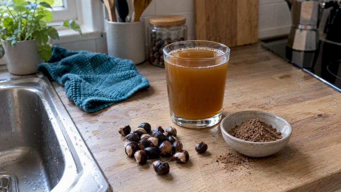Graines de guarana à côté d'une boisson prête à être consommée